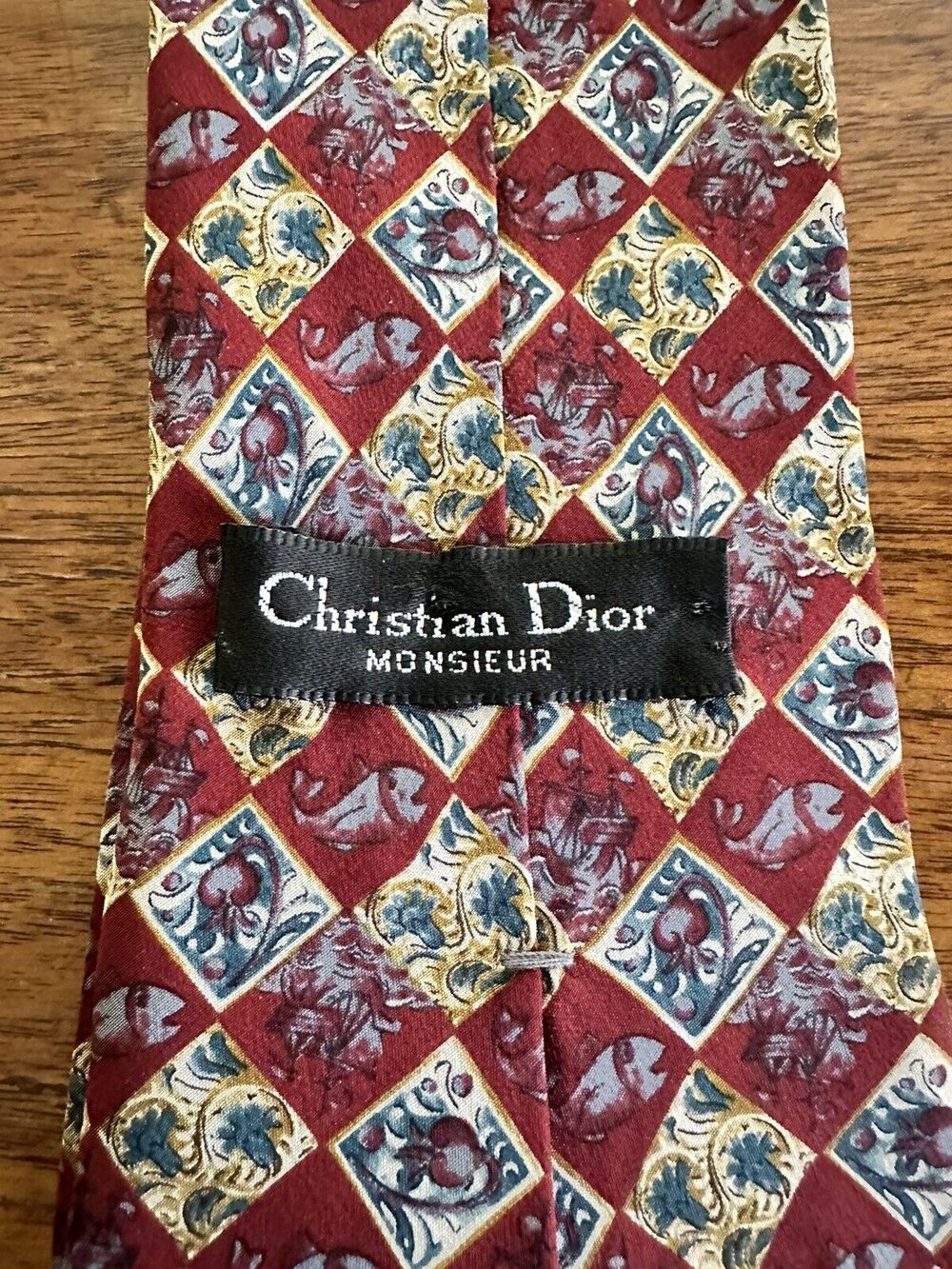 Christian dior Nautical Silk Neck Tie Monsieur Luxury Burgundy Sail Boat Fish